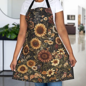 Floral Apron, Sunflower Cottagecore Kitchen Apron For Flower Lovers, Gardening Apron Gift for Mom Grandma, Artist Painter Crafter Apron