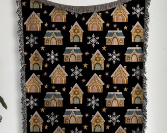 Manta de jengibre, manta navideña tejida escandinava, manta navideña tradicional con patrón de casa de jengibre, decoración de jengibre