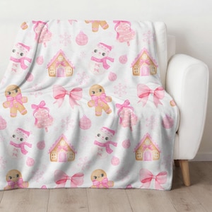 Coquette Christmas Blanket, Gingerbread Girl Minky Blanket, Holiday Cotton Christmas Blanket, Christmas Throw Blanket Santa, Pink Bows
