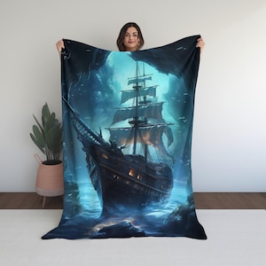 Manta de barco pirata, manta pirata, decoración de habitación pirata, cubrecama pirata, manta de felpa de terciopelo, regalos piratas, náutico, regalo para niño