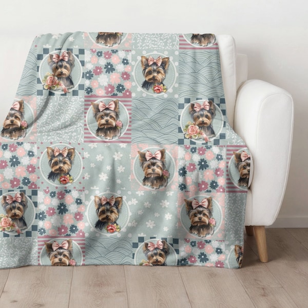 Yorkshire Terrier Gift for Yorkie Lover, Faux Patchwork Soft Lightweight Blanket or Throw with Springtime Flowers, Yorkie Mom, Gift for Her