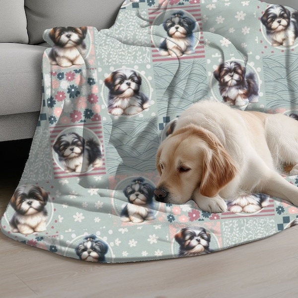 Shih Tzu Gift for Shih Tzu Lover Faux Patchwork Soft Lightweight Blanket or Throw with Springtime Flowers Shih Tzu Mom Gift for Her Dog Mom