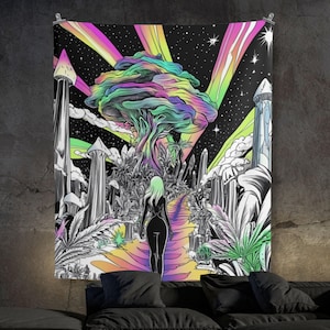 Trippy Wandteppich, Schamanische Reise, Schwarzlicht Reaktiv, Wandbehang, Neon Hintergrund, Psychedelischer Wandbehang, Rave Decor, Psy Party Decor