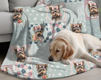 Regalo de Yorkshire Terrier para amante de Yorkie, manta ligera suave de patchwork falso o tiro con flores de primavera, mamá Yorkie, regalo para ella