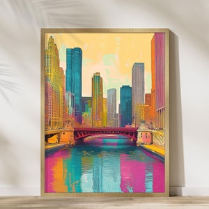 Lámina artística de Chicago, póster artístico de Illinois para decoración del hogar, arte mural con el horizonte de Chicago, lámina artística de ciudad moderna, regalos de Chicago, arte mural de Chicago