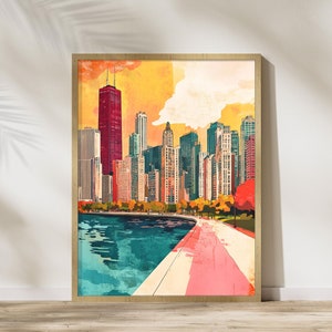 Lámina artística de Chicago, póster artístico de Illinois para decoración del hogar, arte mural con el horizonte de Chicago, lámina artística de ciudad moderna, regalos de Chicago, arte mural urbano