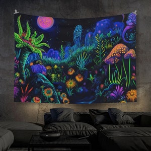 Trippy Neon Mushroom Vision UV Tapestry, Blacklight Reactive Wall Hanging, Neon Backdrop, Party Decor, Psychedelic Tapestry, Trippy UV Art