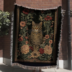 Cat Blanket, Woven Throw Blanket, Cat Lover Gift, Botanical Cat Tapestry, Cat Throw, Pet Blanket for Cat Lover, Cool Cat Mom, Christmas Cat