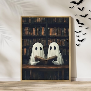 Niedliche Geister in einer Bibliothek Druck, Lesegeist, Geist Poster, Vintage Geist Druck, Dark Academia, Geist Gothic, Gruselige Dekoration, Goth Wandkunst