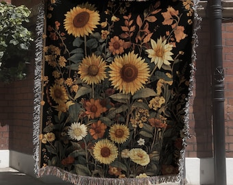 Solrosvävd filt, boho gobelängfilt, blommig cottagecore vävd väggbonad, solrospläd, dekorativ soff- eller sängpläd