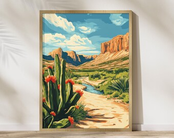 Impressão artística do Texas Big Bend, arte de parede do sudoeste americano, pôster do deserto do Texas, impressão de cena desértica para decoração de parede do sudoeste, cacto saguaro, impressões do deserto