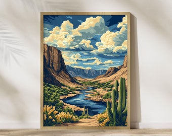 Impressão artística do Texas Big Bend, arte de parede do sudoeste americano, pôster do deserto do Texas, impressão de cena desértica para decoração de parede do sudoeste, cacto saguaro, impressões do deserto