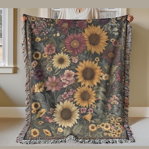 Sunflower Woven Blanket, Boho Throw Blanket, Floral Cottagecore Woven Wall Hanging, Sunflower Throw, Large Tapestry, Woven Picnic Blanket