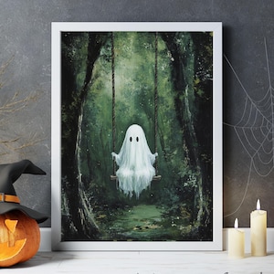 Cute Ghost on Swing in Green Forest Art, Ghost Poster,  Vintage Ghost Print, Dark Academia, Ghost Gothic Spooky Decor, Goth Wall Art