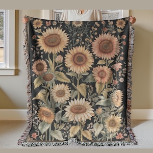 Sunflower Woven Blanket, Boho Throw Blanket, Floral Cottagecore Woven Wall Hanging, Sunflower Throw, Large Tapestry, Woven Picnic Blanket