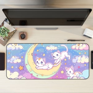 Kitten Moon Desk Mat, Cute Pastel Cloud Gaming Mouse Pad, Desk Mat Aesthetic, Lofi Desk Mat, Gamer Girl Desk Accessories, Gifts for Gamers