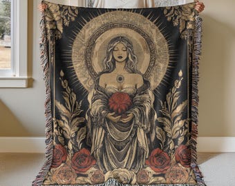 Persephone Floral Woven Blanket, Persephone Lover Greek Goddess Tapestry Throw,  Tapestry Blanket for Mythology Lovers Woven Wall Hanging