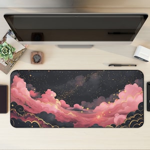 Pink Black Clouds Celestial Desk Mat, Gaming Mouse Pad, Large Mousepad with Stitched Edges, Keyboard Mouse Mat, Desk Pad for Work Game XL