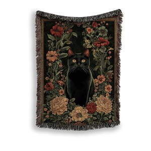 Svart kattfilt, vävd pläd, kattälskarepresent, botanisk kattgobeläng, kattpläd, husdjursfilt för kattälskare, kattmamma, julkatt bild 5