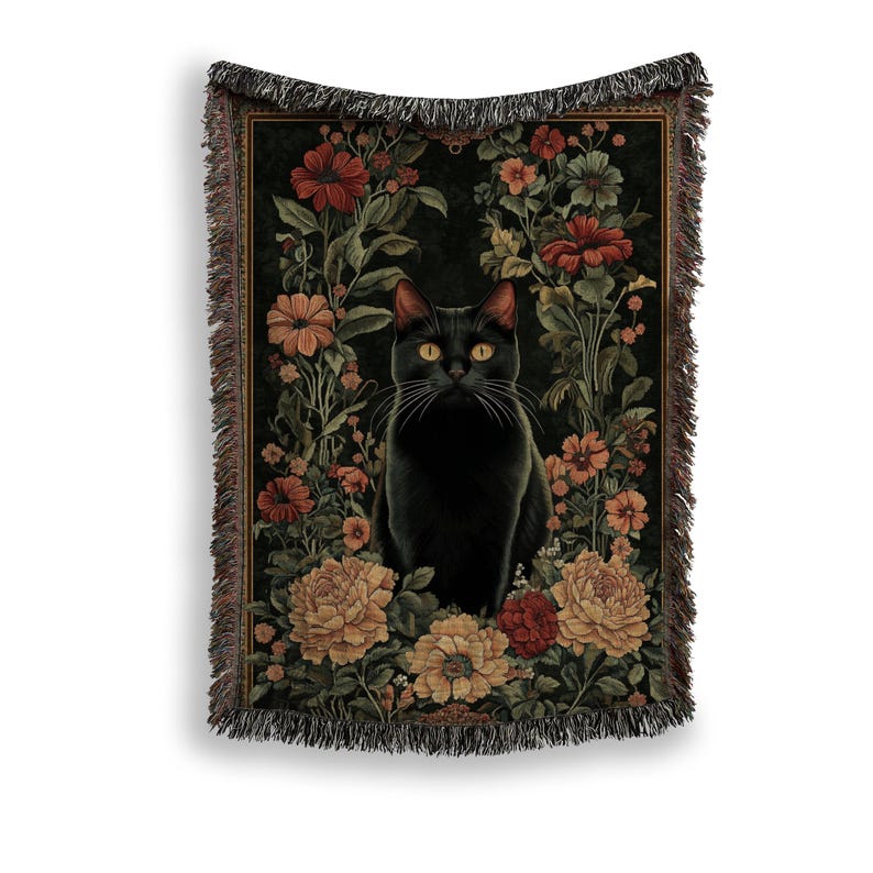 Svart kattfilt, vävd pläd, kattälskarepresent, botanisk kattgobeläng, kattpläd, husdjursfilt för kattälskare, kattmamma, julkatt bild 5