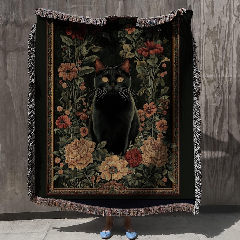 Svart kattfilt, vävd pläd, kattälskarepresent, botanisk kattgobeläng, kattpläd, husdjursfilt för kattälskare, kattmamma, julkatt bild 7