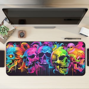 Neon Skull Desk Mat, Psychedelic Office Decor, Cool Monster Desk Pad, Desk Mat Aesthetic, Gaming Setup, XL Mouse pad, Trippy Gift for Gamers