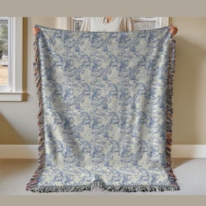 Toile Equestrian Woven Blanket, Stable Style Blue Toile Blanket, Horse Lover Tapestry Blanket, Equestrian Tapestry Throw, Woven Wall Hanging
