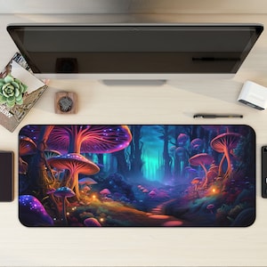 Fungi Forest Gaming Desk Mat, Trippy Mousepad, Cute Mouse Pad, Lofi Desk Mat, Aesthetic Desk Mat, Forest Mousemat, XL XXL Big, Neon Mystic