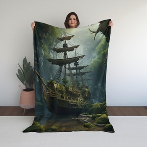 Manta de barco pirata, manta pirata estilo cottagecore, decoración de habitación pirata, cubrecama pirata, manta de felpa de terciopelo, náutica, regalo para niño