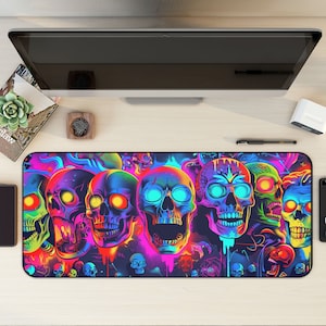 Neon Skull Desk Mat, Psychedelic Office Decor, Cool Monster Desk Pad, Desk Mat Aesthetic, Gaming Setup, XL Mouse pad, Trippy Gift for Gamers