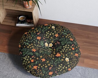 Dark Cottagecore Floral Large Round Tufted Floor Pillow, Floor Cushion, Dark Academia Floral Cottagecore Boho Cushion, Meditation Cushion