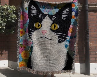 Tuxedo Cat Blanket, Woven Throw Blanket, Cat Lover Gift, Crochet Cat Tapestry, Cat Gift, Pet Blanket for Cat Lover, Cat Mom, Cat Crochet Art