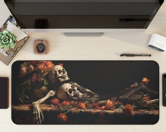 Dark Cottagecore Desk Mat, Floral Skeleton Mouse Pad, Dark Academia Mousepad, Macabre Deskmat, Gothic Deskpad, Extra Large Mousemat, Skull