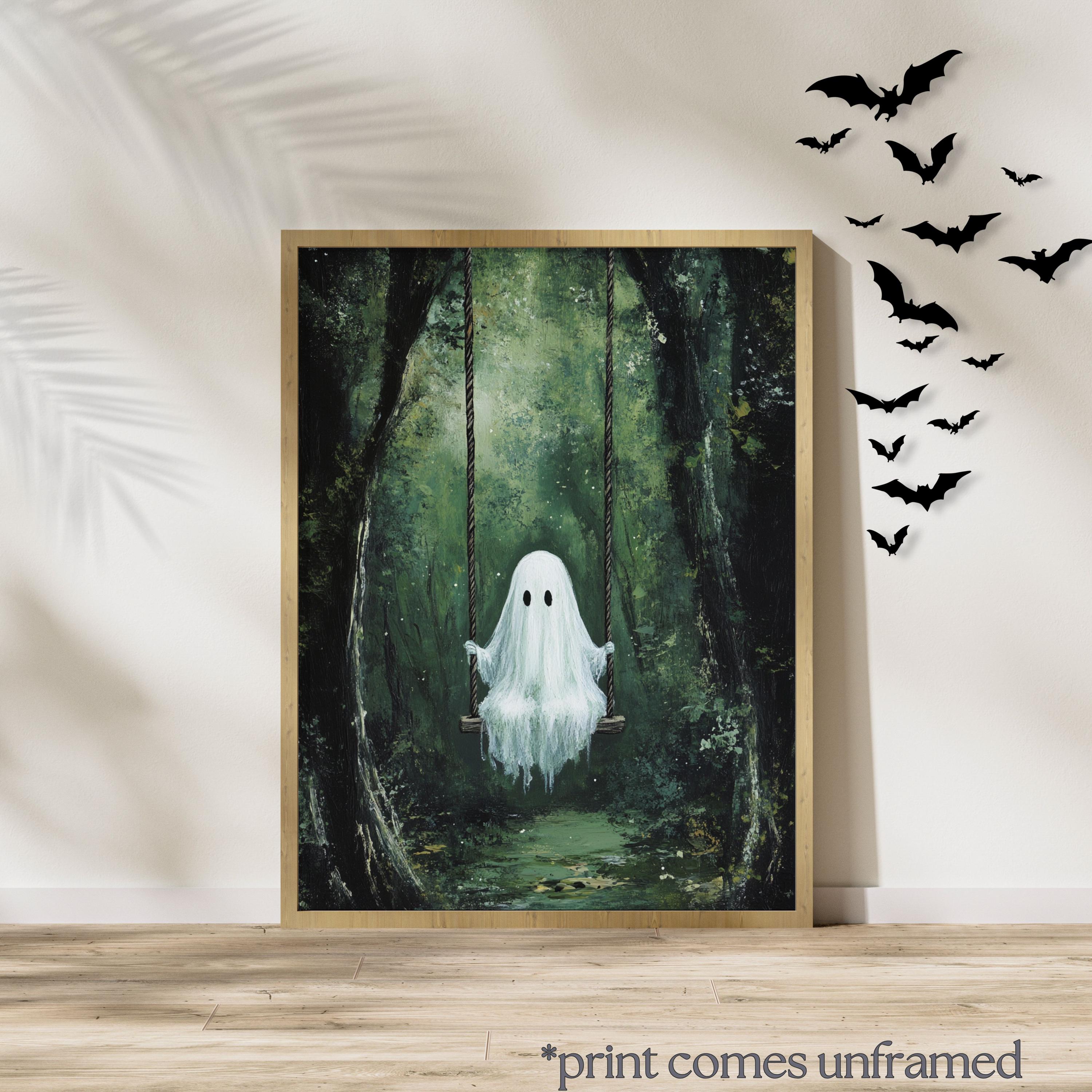 Cute Ghost on Swing in Green Forest Art, Ghost Poster, Vintage