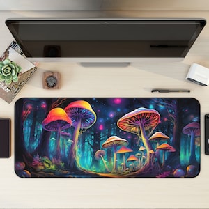 Mystic Fungi Forest Gaming Desk Mat, Trippy Mousepad, Neon Cottagecore, Lofi Desk Mat, Neon Aesthetic Desk Mat, Forest Mousemat, XL XXL Big