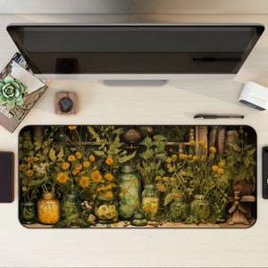Cottagecore Potions and Plants Desk Decor, Plant Desk Pad, Botanical Mouse Pad, Green Desk Mat, Dark Cottagecore Mousepad, Plants Mat
