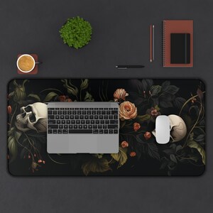 Dark Cottagecore Desk Mat, Floral Skeleton Mouse Pad, Dark Academia Mousepad, Macabre Deskmat, Gothic Deskpad, Extra Large Mousemat, Skull image 2