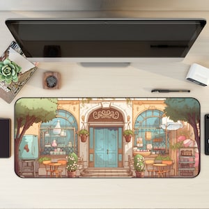 Nostalgische friedliche Kaffeestube, süße Kawaii Schreibtisch-Dekor, Jugendstil inspirierte Schreibtischmatte, großes Mauspad, langes Mauspad, Anime Schreibtischunterlage