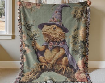 Bearded Dragon Woven Tapestry Blanket, Reptile Lover Gift Woven Wall Hanging, Cottagecore Cotton Blanket, Magical Fantasy Tapestry Blanket