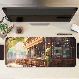 Nostalgische friedliche Kaffeestube, süßes Kawaii Schreibtischdekor, Jugendstil inspirierte Schreibtischmatte, großes Mauspad, langes Mousepad, französische Schreibtischunterlage