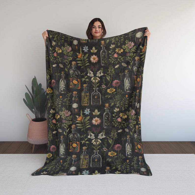 Apothecary Blanket, Cottagecore Blanket, Herbs and Spices, Apothecary Gift, Herbalist Gift, Throw Blanket Herbalist Gift, Witchy Blanket 80" × 60"