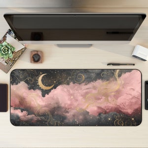 Pink Black Clouds Celestial Desk Mat, Gaming Mouse Pad, Large Mousepad with Stitched Edges, Keyboard Mouse Mat, Desk Pad for Work Game XL