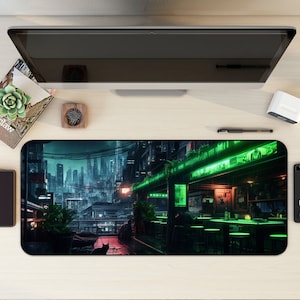 Könnte beinhalten: Eine schwarze Katze sitzt auf einem roten Ziegelweg vor einer Bar mit grünem Neonlicht in einer futuristischen Stadt. Die Bar hat ein grünes Vordach und ein Schild mit der Aufschrift "Bar". Die Stadt ist mit Neonlichtern beleuchtet und im Hintergrund befinden sich hohe Gebäude.