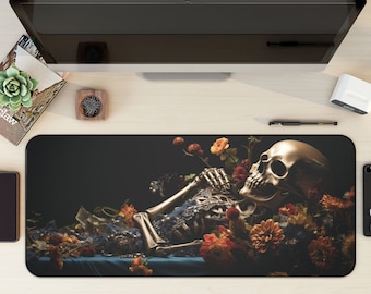 Dark Cottagecore Desk Mat, Floral Skeleton Mouse Pad, Dark Academia Mousepad, Macabre Deskmat, Gothic Deskpad, Extra Large Mousemat, Skull