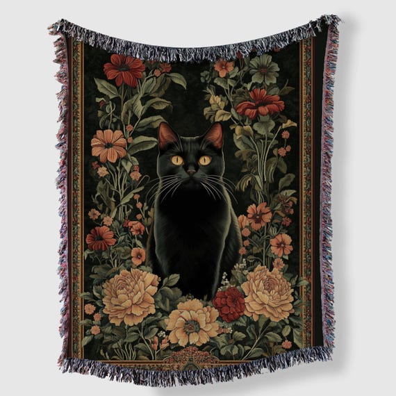 Black Cat Blanket, Woven Throw Blanket, Cat Lover Gift, Botanical Cat Tapestry, Cat Throw, Pet Blanket for Cat Lover, Cat Mom, Christmas Cat