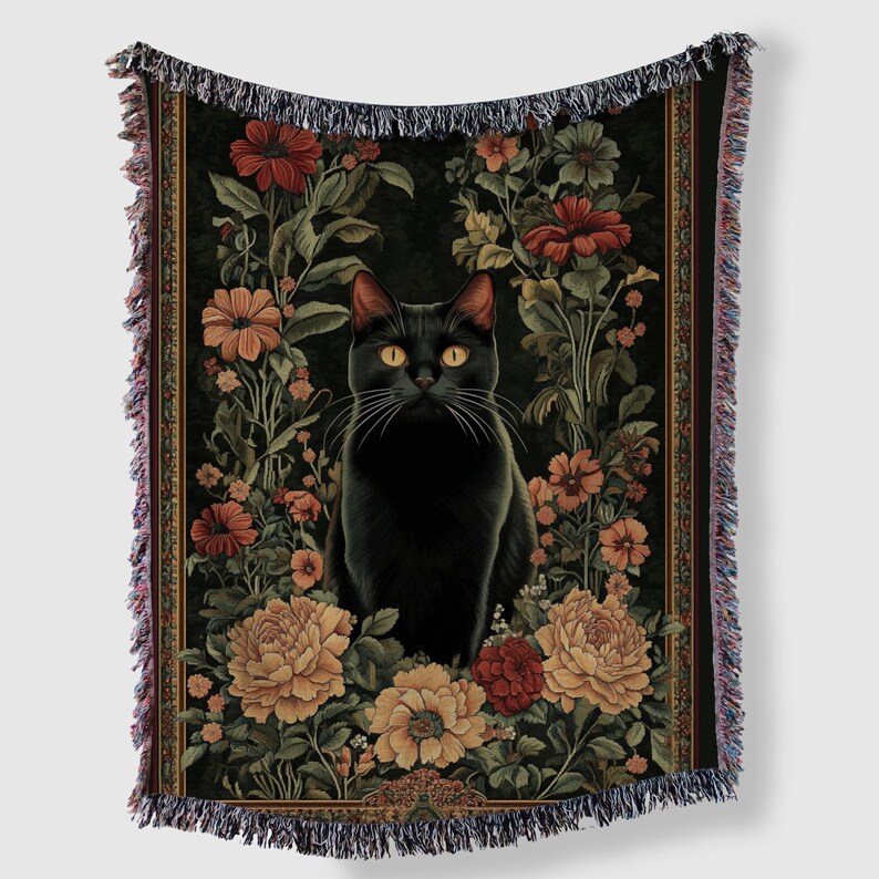 Svart kattfilt, vävd pläd, kattälskarepresent, botanisk kattgobeläng, kattpläd, husdjursfilt för kattälskare, kattmamma, julkatt bild 1