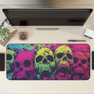 Neon Skull Desk Mat, Psychedelic Office Decor, Cool Monster Desk Pad, Desk Mat Aesthetic, Gaming Setup, XL Mouse pad, Trippy Gift for Gamers