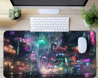 May include: A colorful cyberpunk city scene with neon lights and glowing signs. The scene is depicted on a black mousepad with a white mouse on top.
