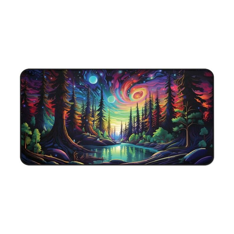 Mystic Neon Forest Gaming Desk Mat, Trippy Mousepad, Cute Mouse Pad