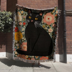 Black Cat Blanket, Woven Throw Blanket, Cat Lover Gift, Crochet Cat Tapestry, Cat Gift, Pet Blanket for Cat Lover, Cat Mom, Cat Crochet Art